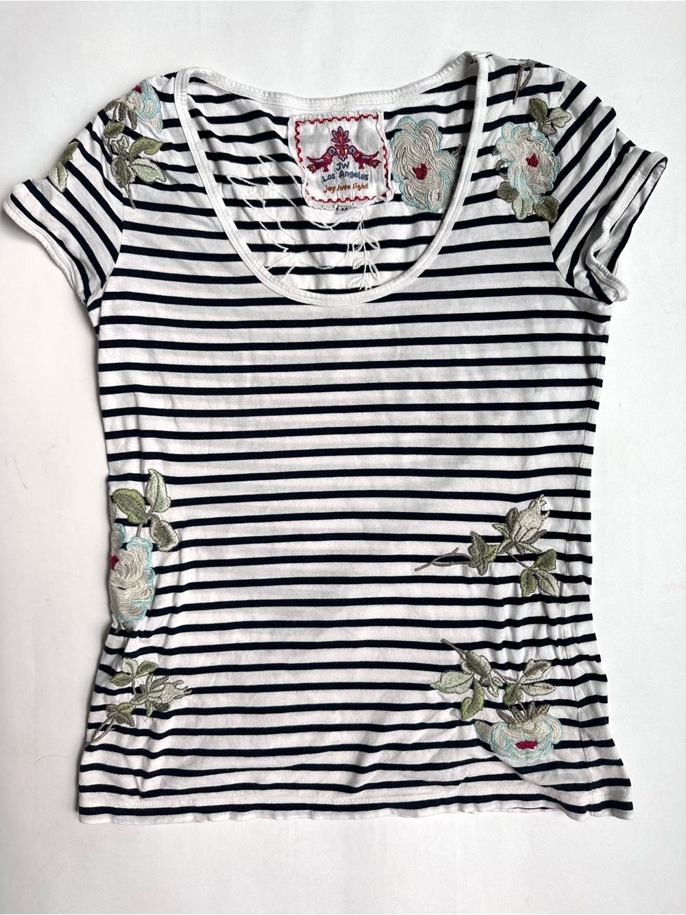 Johnny Was Black and White Striped Short Sleeve Tee with Floral Embroidery M